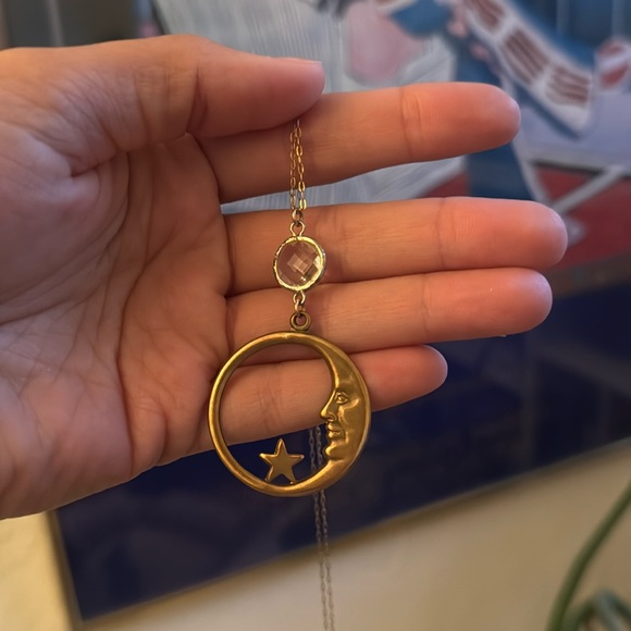 Celestial moon brass long dainty necklace - Picture 1 of 6
